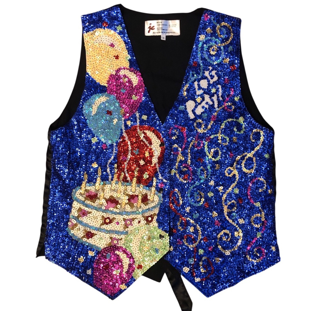 Vintage 90s JC Sequined Novelty Vest Bling Birthday Cake Let’s Party￼ Size Small